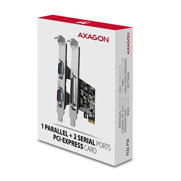 AXAGON PCEA-PSN, PCIe radič - 1x paralelný (LPT) + 2x sériový port (RS232) 250 kbps, vr. LP 