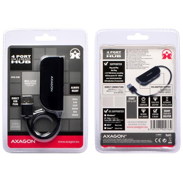 AXAGON HUE-X4B, 4x USB2.0 READY húb, čierny 