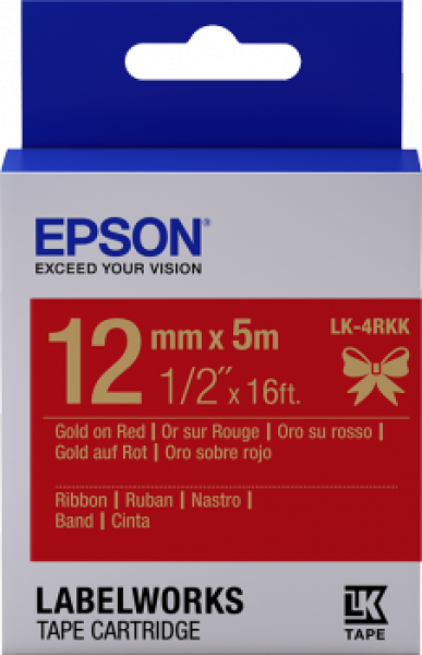 Epson zásobník so štítkami – saténový pásik, LK-4HKK, zlatá/ červená, 12 mm (5 m)