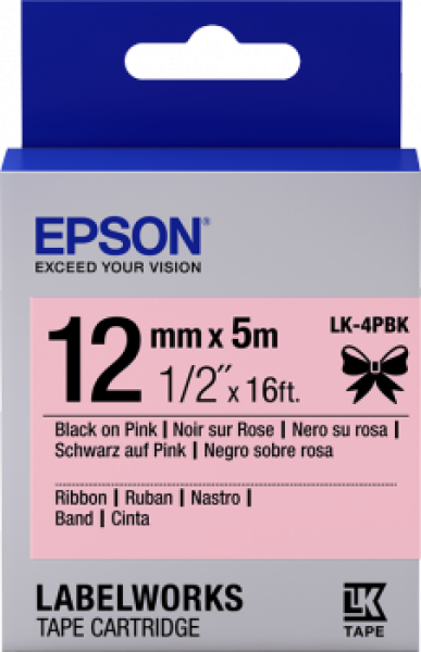 Epson zásobník so štítkami – saténový pásik, LK-4HKK, čierna/ ružová, 12 mm (5 m)