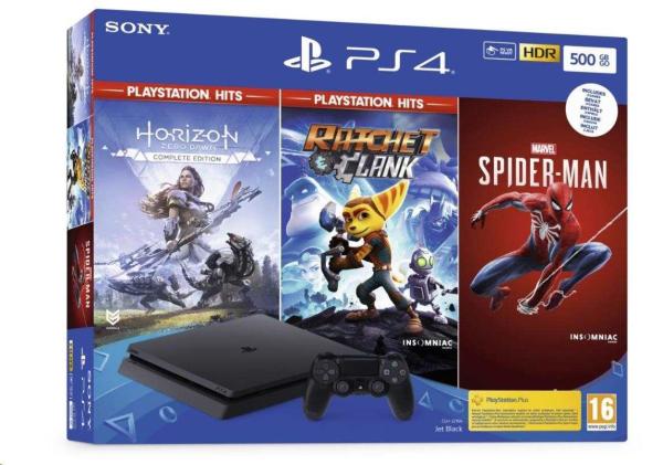 PS4 - Playstation 4 černý 500GB + HZN HITS/ Marvel Spider Man / R&C HITS