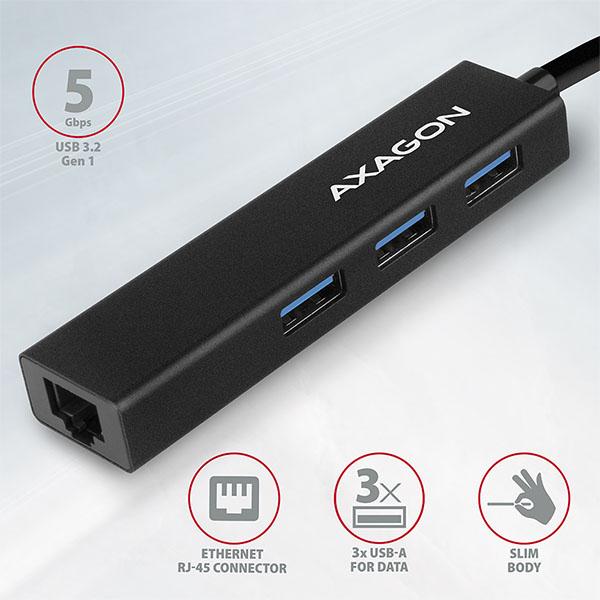AXAGON HMA-GL3A, USB 3.2 Gen 1 hub, porty 3x USB-A + Gigabit Ethernet, kovový, kábel USB-A 20cm 
