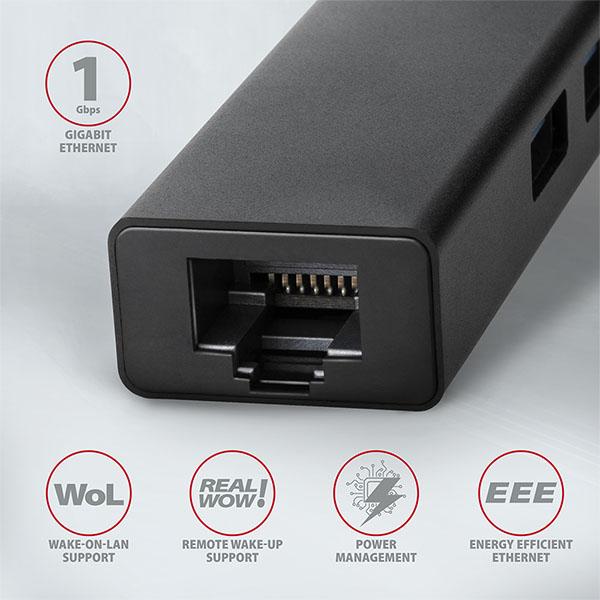 AXAGON HMA-GL3A, USB 3.2 Gen 1 hub, porty 3x USB-A + Gigabit Ethernet, kovový, kábel USB-A 20cm 