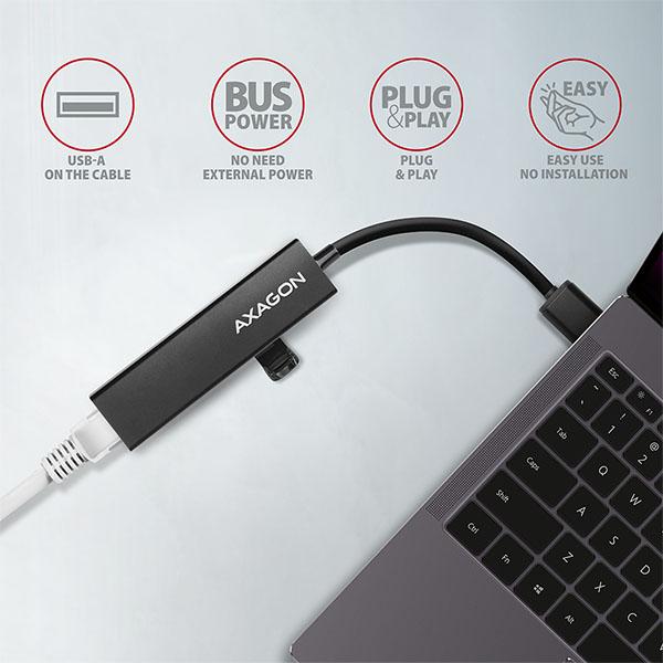 AXAGON HMA-GL3A, USB 3.2 Gen 1 hub, porty 3x USB-A + Gigabit Ethernet, kovový, kábel USB-A 20cm 