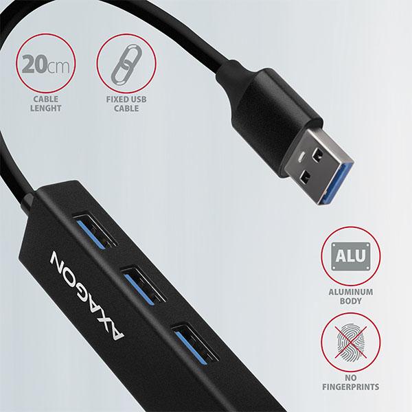 AXAGON HMA-GL3A, USB 3.2 Gen 1 hub, porty 3x USB-A + Gigabit Ethernet, kovový, kábel USB-A 20cm 