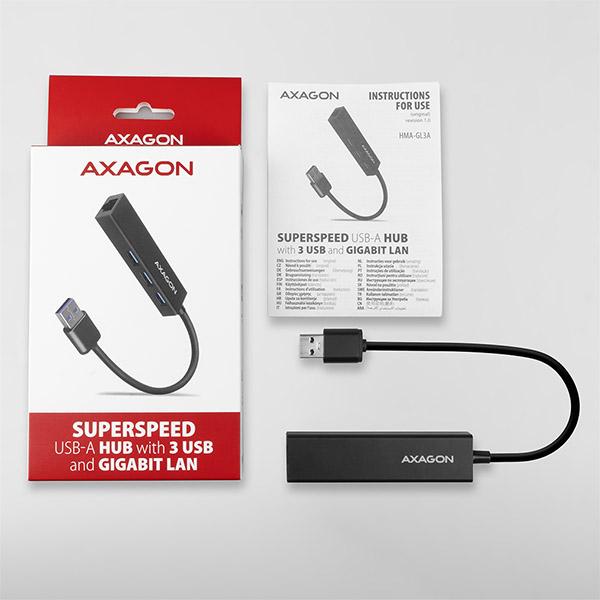 AXAGON HMA-GL3A, USB 3.2 Gen 1 hub, porty 3x USB-A + Gigabit Ethernet, kovový, kábel USB-A 20cm 