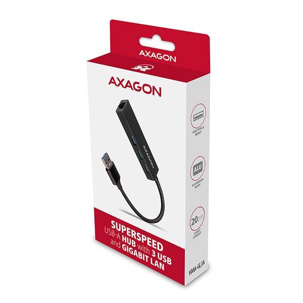 AXAGON HMA-GL3A, USB 3.2 Gen 1 hub, porty 3x USB-A + Gigabit Ethernet, kovový, kábel USB-A 20cm 