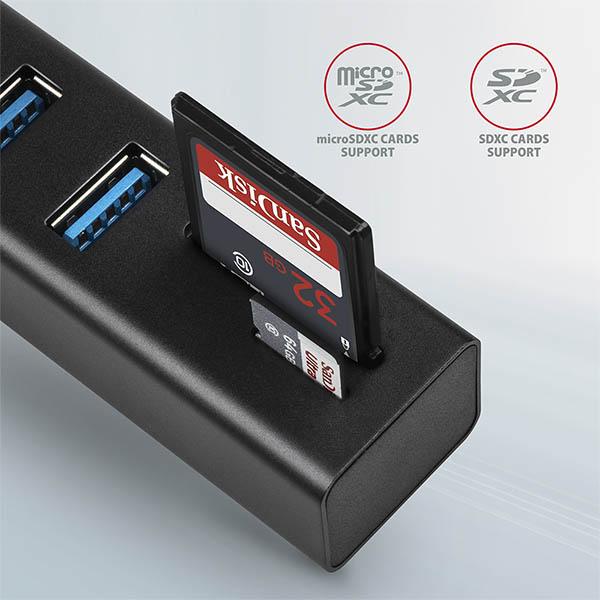 AXAGON HMA-CR3A, USB 3.2 Gen 1 húb, porty 3x USB-A + čítačka kariet SD/ microSD, kovový, kábel USB-A 20 