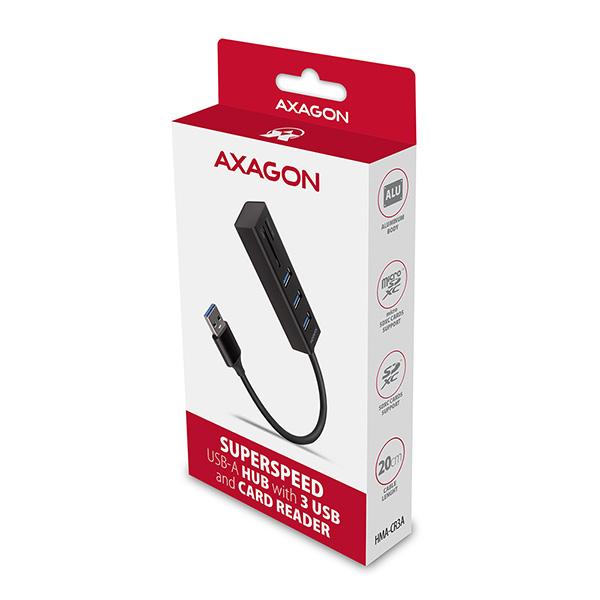AXAGON HMA-CR3A, USB 3.2 Gen 1 húb, porty 3x USB-A + čítačka kariet SD/ microSD, kovový, kábel USB-A 20 