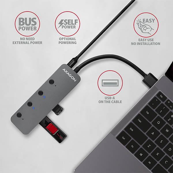 AXAGON HUE-MSA, 4x USB 3.2 Gen 1 SWITCH húb, kovový, micro USB napr. konektor, kábel USB-A 20cm 