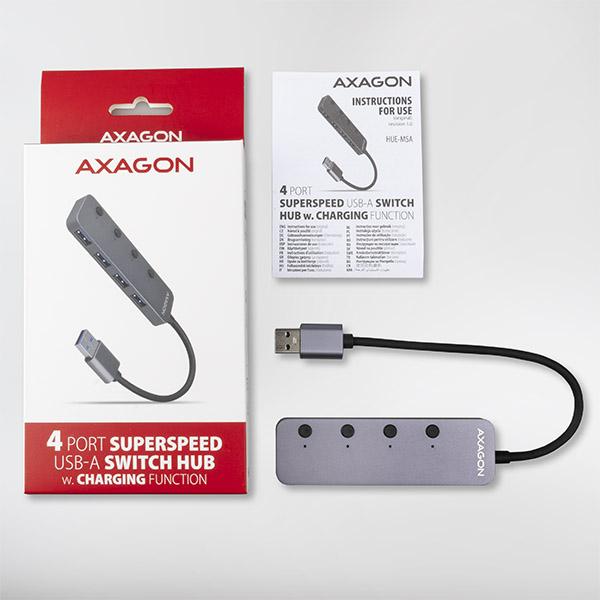 AXAGON HUE-MSA, 4x USB 3.2 Gen 1 SWITCH húb, kovový, micro USB napr. konektor, kábel USB-A 20cm 