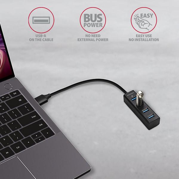AXAGON HUE-M1A, 4x USB 3.2 Gen 1 MINI hub, kovový, kábel USB-A 20cm 