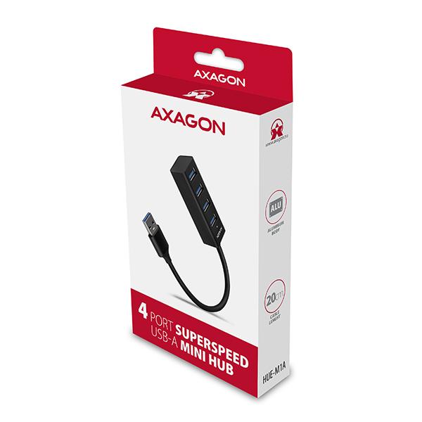 AXAGON HUE-M1A, 4x USB 3.2 Gen 1 MINI hub, kovový, kábel USB-A 20cm 