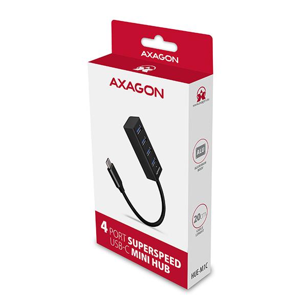 AXAGON HUE-M1C, 4x USB 3.2 Gen 1 MINI húb, kovový, kábel USB-C 20cm 