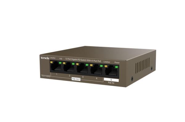 Tenda TEG1105PD PoE PD Gigabit switch, 1x PoE IN, 4x PoE OUT 802.3af, 5x 1 Gb/ s, max. 30W, fanless 