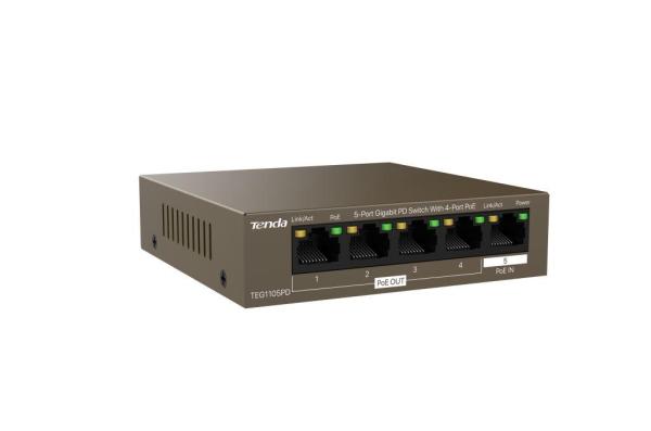 Tenda TEG1105PD PoE PD Gigabit switch, 1x PoE IN, 4x PoE OUT 802.3af, 5x 1 Gb/ s, max. 30W, fanless 
