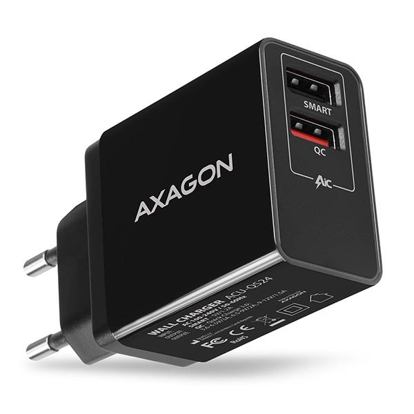 AXAGON ACU-QS24, QC & SMART nabíječka do sítě 24W, 2x USB-A port, QC3.0/ AFC/ FCP + 5V/ 1.2A