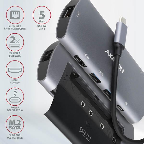 AXAGON HMC-6M2, USB 3.2 Gen 1 hub, 2x USB-A, HDMI, RJ-45 GLAN, SATA M.2, PD 100W, kábel USB-C 18cm 