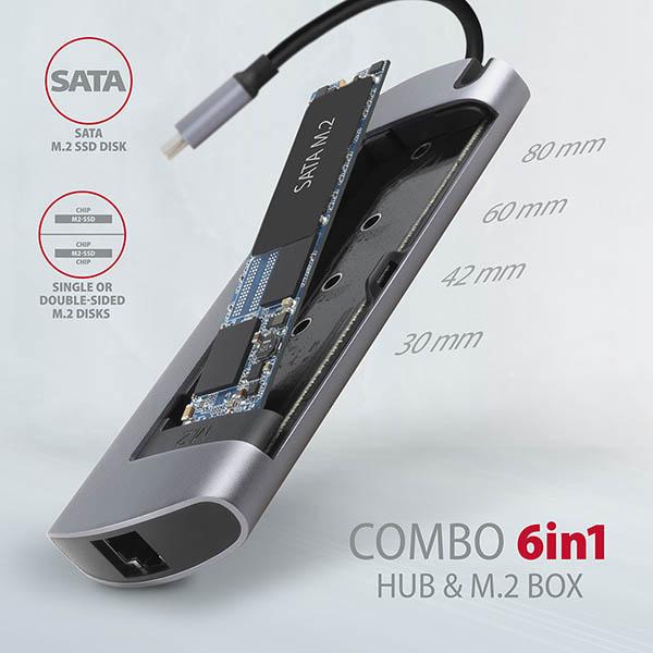 AXAGON HMC-6M2, USB 3.2 Gen 1 hub, 2x USB-A, HDMI, RJ-45 GLAN, SATA M.2, PD 100W, kábel USB-C 18cm 