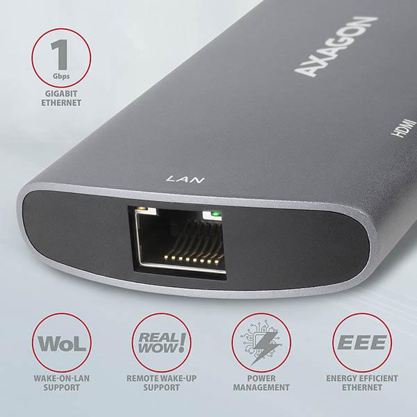 AXAGON HMC-6M2, USB 3.2 Gen 1 hub, 2x USB-A, HDMI, RJ-45 GLAN, SATA M.2, PD 100W, kábel USB-C 18cm 