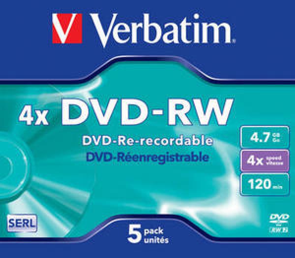 VERBATIM DVD-RW (4x, 4, 7 GB), 5ks/ pack