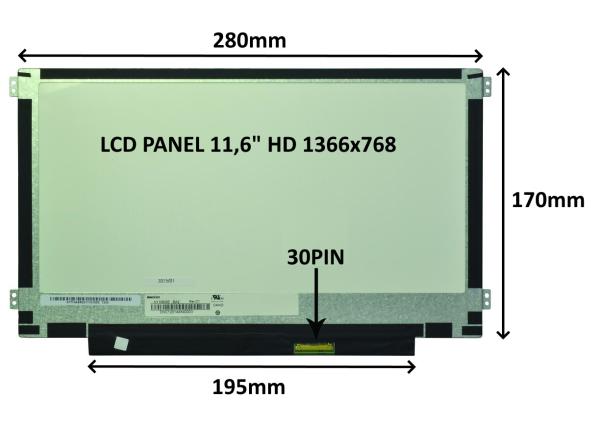 LCD PANEL 11, 6" HD 1366x768 30PIN MATNÝ / ÚCHYTY PO STRANÁCH