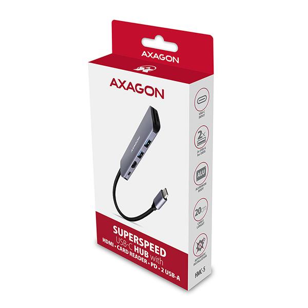 AXAGON HMC-5, USB 3.2 Gen 1 húb, porty 2x USB-A, HDMI, SD/ microSD slot, PD 100W, kábel USB-C 20cm 