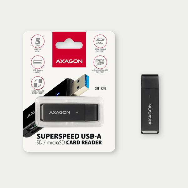 AXAGON CRE-S2N, USB-A 3.2 Gen 1 - SUPERSPEED čítačka kariet, 2-slot & lun SD/ microSD, podpora UHS-I 