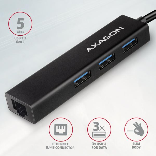 AXAGON HMC-GL3A, USB 3.2 Gen 1 hub, porty 3x USB-A + Gigabit Ethernet, kovový, kábel USB-C 20cm 