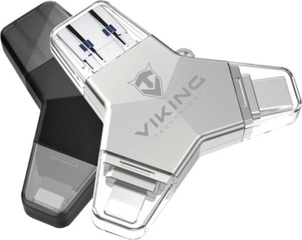 VIKING USB FLASH DISK 3.0 4v1 64GB, S KONCOVKOU APPLE LIGHTNING, USB-C, MICRO USB, USB3.0, čierna 