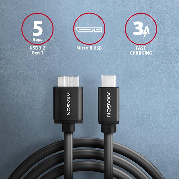 AXAGON BUMM3-CM10AB, SPEED kábel Micro-B USB <-> USB-C, 1m, USB 3.2 GEN 1, 3A, ALU, tpe, čierny 