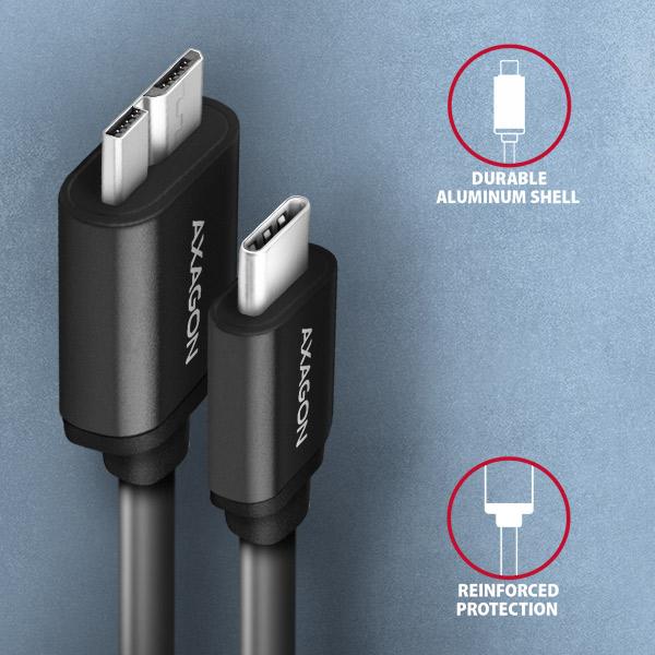 AXAGON BUMM3-CM10AB, SPEED kábel Micro-B USB <-> USB-C, 1m, USB 3.2 GEN 1, 3A, ALU, tpe, čierny 