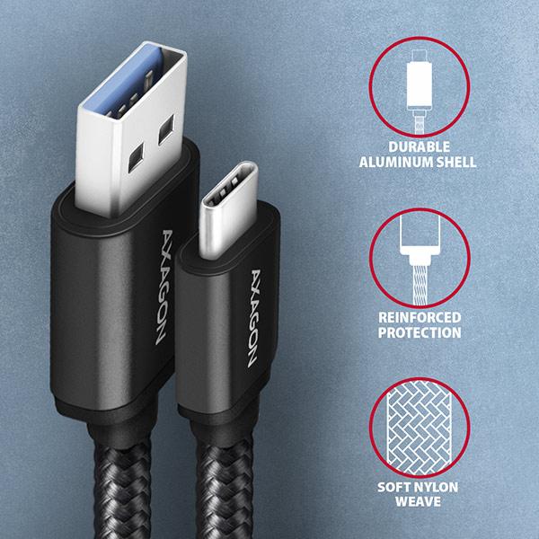 AXAGON BUCM3-AM15AB, SPEED kábel USB-C <-> USB-A, 1.5m, USB 3.2 Gen 1, 3A, ALU, oplet, čierny 