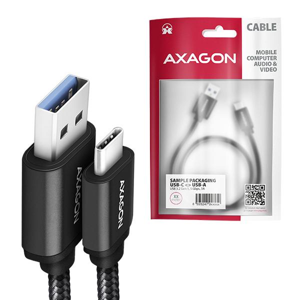 AXAGON BUCM3-AM15AB, SPEED kábel USB-C <-> USB-A, 1.5m, USB 3.2 Gen 1, 3A, ALU, oplet, čierny 