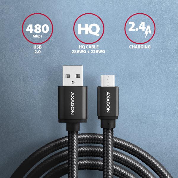 AXAGON BUMM-AM20AB, HQ kábel Micro USB <-> USB-A, 2m, USB 2.0, 2.4A, ALU, oplet, čierny 