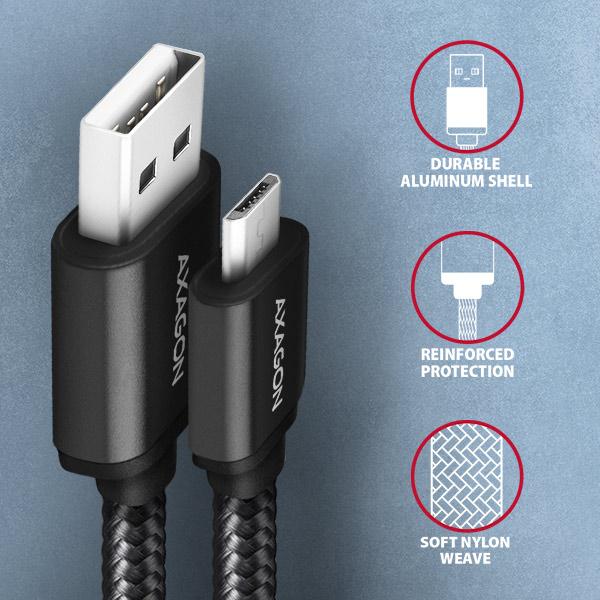 AXAGON BUMM-AM20AB, HQ kábel Micro USB <-> USB-A, 2m, USB 2.0, 2.4A, ALU, oplet, čierny 