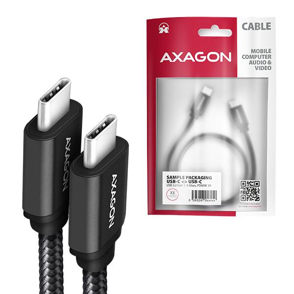 AXAGON BUCM3-CM20AB, SPEED kábel USB-C <-> USB-C, 2m, USB 3.2 Gen 1, PD 60W 3A, ALU, oplet, čierny 