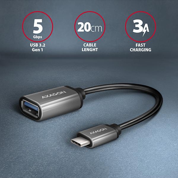 AXAGON RUCM-AFAC, káblová redukcia USB-C (M) <-> USB-A (F), 20cm, USB 3.2 Gen 1, 3A, ALU 