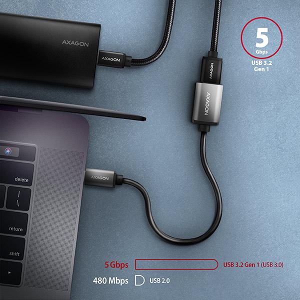 AXAGON RUCM-AFAC, káblová redukcia USB-C (M) <-> USB-A (F), 20cm, USB 3.2 Gen 1, 3A, ALU 