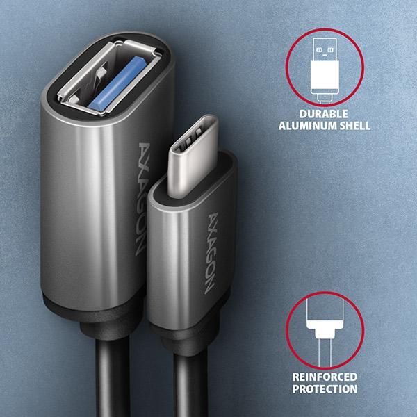 AXAGON RUCM-AFAC, káblová redukcia USB-C (M) <-> USB-A (F), 20cm, USB 3.2 Gen 1, 3A, ALU 