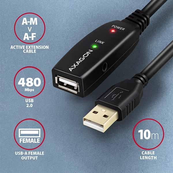 AXAGON ADR-210, USB 2.0 A-M -> A-F aktívny predlžovací / repeater kábel, 10m 