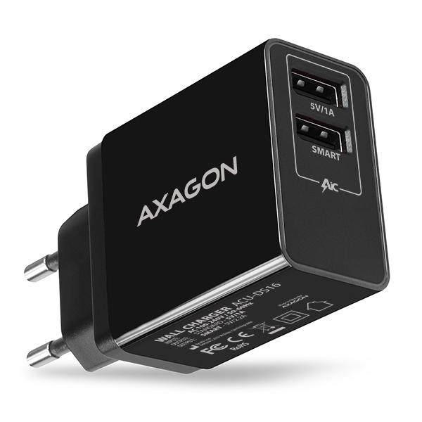 AXAGON ACU-DS16, SMART nabíječka do sítě 16W, 2x USB-A port, 5V/ 2.2A + 5V/ 1A