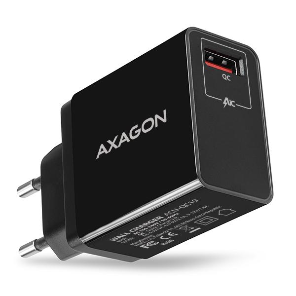 AXAGON ACU-QC19, QC nabíječka do sítě 19W, 1x USB-A port, QC3.0/ AFC/ FCP/ SMART, černá