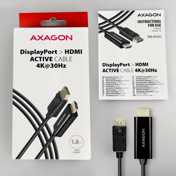 AXAGON RVD-HI14C2, DisplayPort -> HDMI 1.4 redukcia / kábel 1.8m, 4K/ 30Hz 