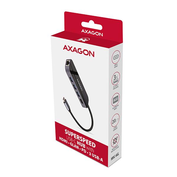 AXAGON HMC-6GL, USB 3.2 Gen 1 húb, 3x USB-A, HDMI 4k/ 30Hz, RJ-45 GLAN, PD 100W, kábel USB-C 20cm 