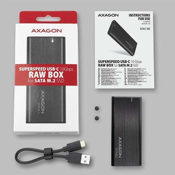 AXAGON EEM2-SBC, USB-C 3.2 Gen 2 - M.2 SATA SSD kovový RAW box, bezskrutkový 