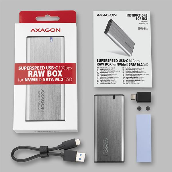 AXAGON EEM2-SG2, USB-C 3.2 Gen 2 - M.2 NVMe & SATA SSD kovový RAW box, bezskrutkový, strieborný 