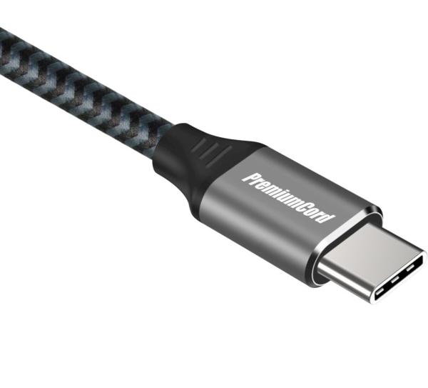 PremiumCord Kábel USB-C M/ M, 100W 20V/ 5A 480Mbps bavlnený oplet, 0, 5m