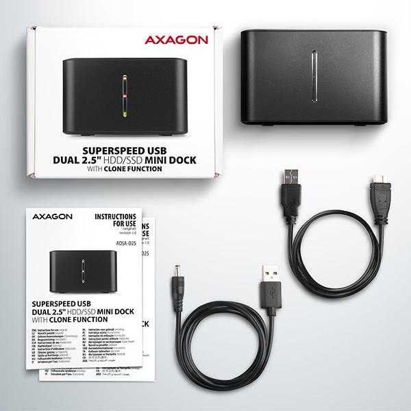 AXAGON ADSA-D25, USB 3.2 Gen 1 - 2x SATA 6G 2.5" SSD/ HDD CLONE MINI dokovacia stanica 