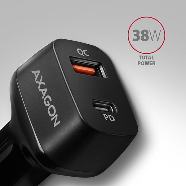 AXAGON PWC-PQ38, PD & QUICK nabíjačka do auta 38W, 2x port (USB + USB-C), PD3.0/ QC3.0/ AFC/ FCP/ Apple 